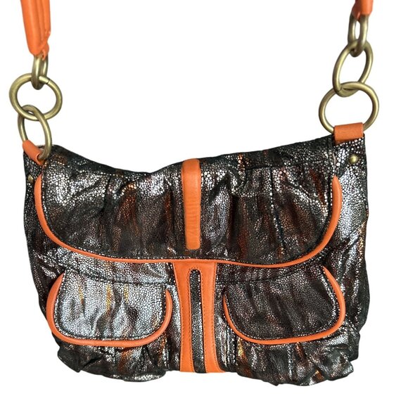 Malini Murjani Exotic Collection Leather Trim Metallic Orange Black Shoulder Bag - Picture 2 of 12